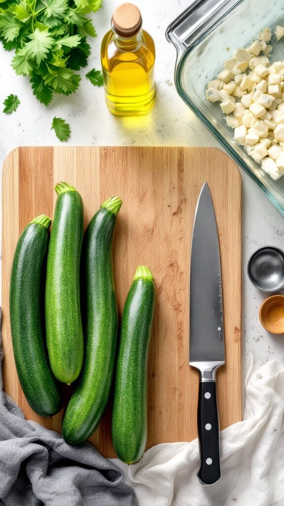 Stuffed Zucchini Boats - A Versatile Low-Carb Dinner 3 Overhead setup of kitchen counter featuring fresh zucchinis, a chef's knife, a wooden cutting board, a glass baking dish, olive oil bottle, and measuring spoons ready for food preparation