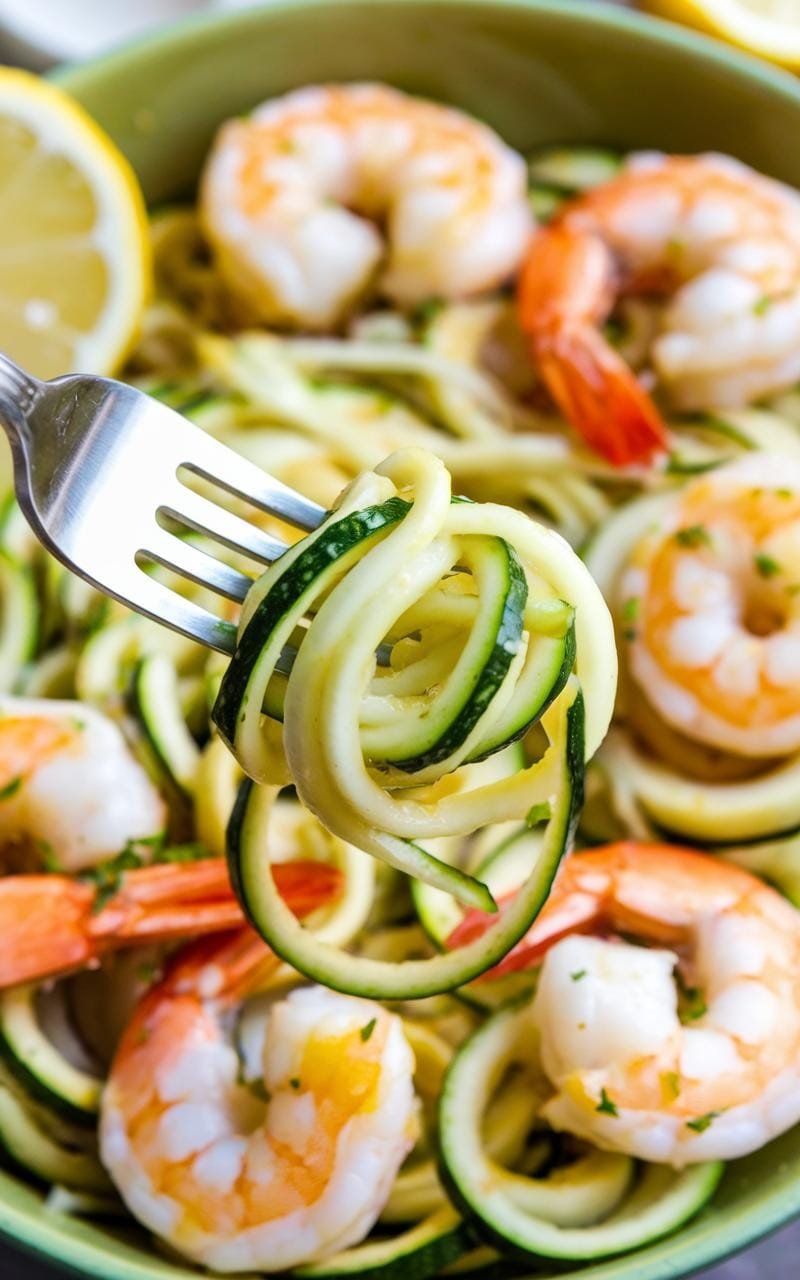 Close-up of a plate with sautéed zucchini, shrimp, lemon slices, and garlic, with a fork beside the dish.