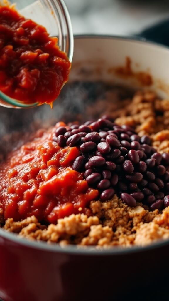 Adding crushed tomatoes and kidney beans to dutch oven with meat and spices