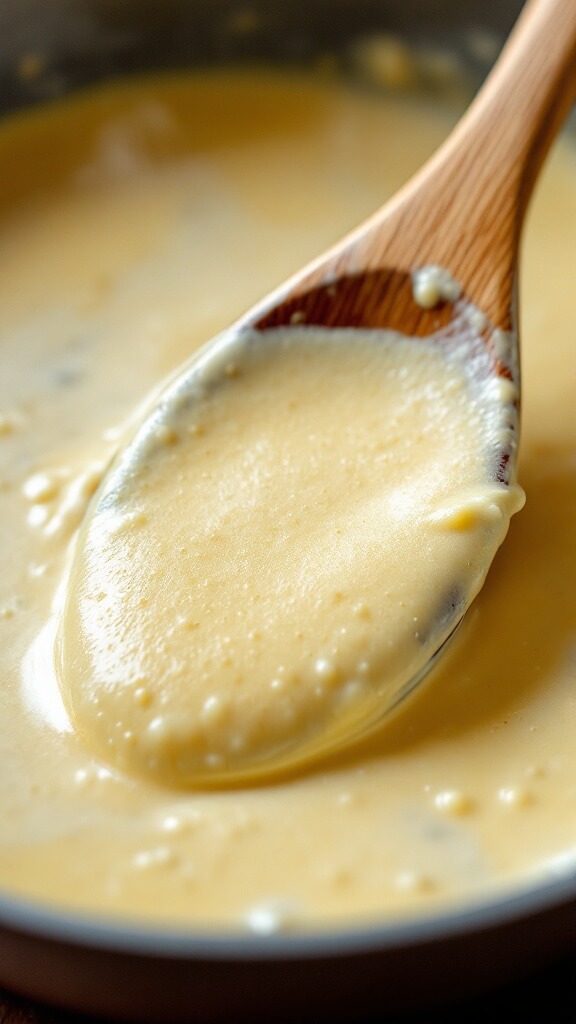 Keto Chicken Alfredo (Quick &Amp; One-Pan) 7 Simmering alfredo sauce with perfect consistency coating a wooden spoon, steam visibly rising from the pan