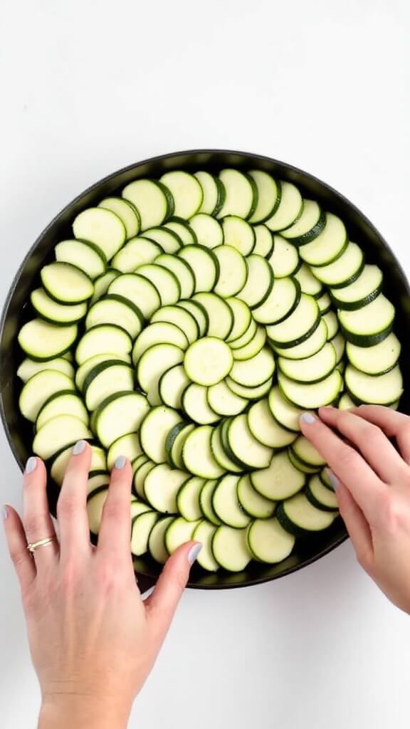 Hands meticulously arranging zucchini slices in a circular pattern in a black skillet