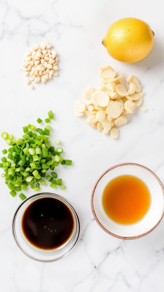 Overhead view of marinade ingredients including minced garlic, sliced ginger, chopped green onions, zested lemon, soy sauce and sesame oil on a clean kitchen counter