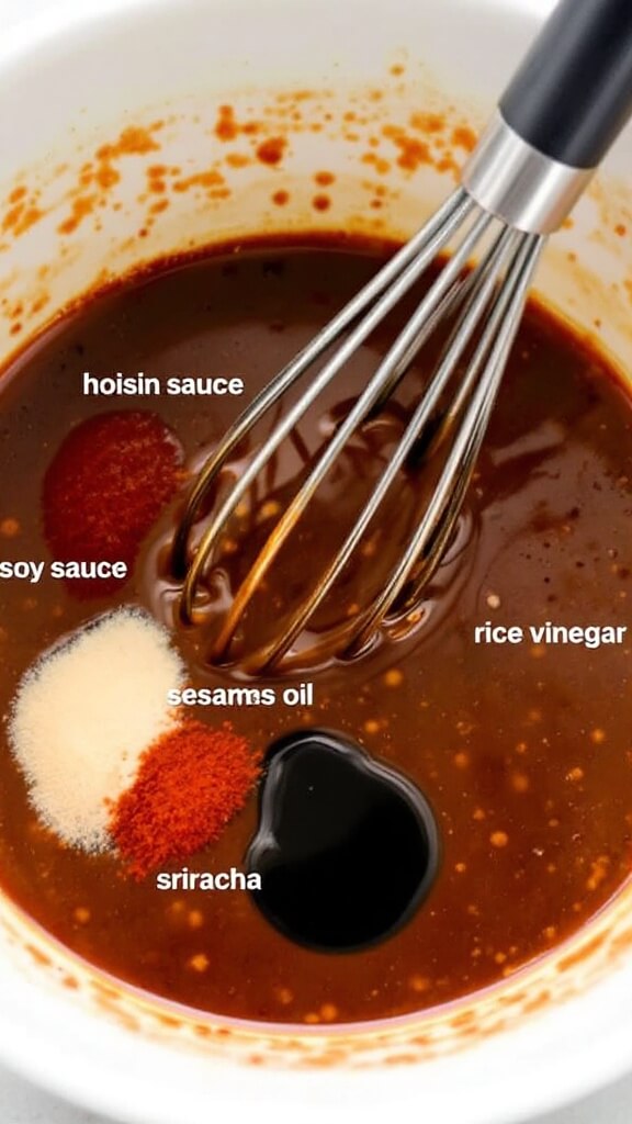 Asian Turkey Lettuce Wraps 3 Mixing asian sauce ingredients in a white ceramic bowl using a metal whisk