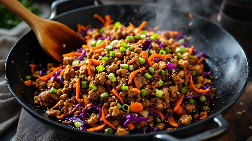 "steam rising from a colorful asian-inspired stir fry in a dark wok, featuring caramelized ground turkey, shredded cabbage, carrots, and green onions, with a wooden spatula and sesame seeds. Shot in warm directional lighting. "