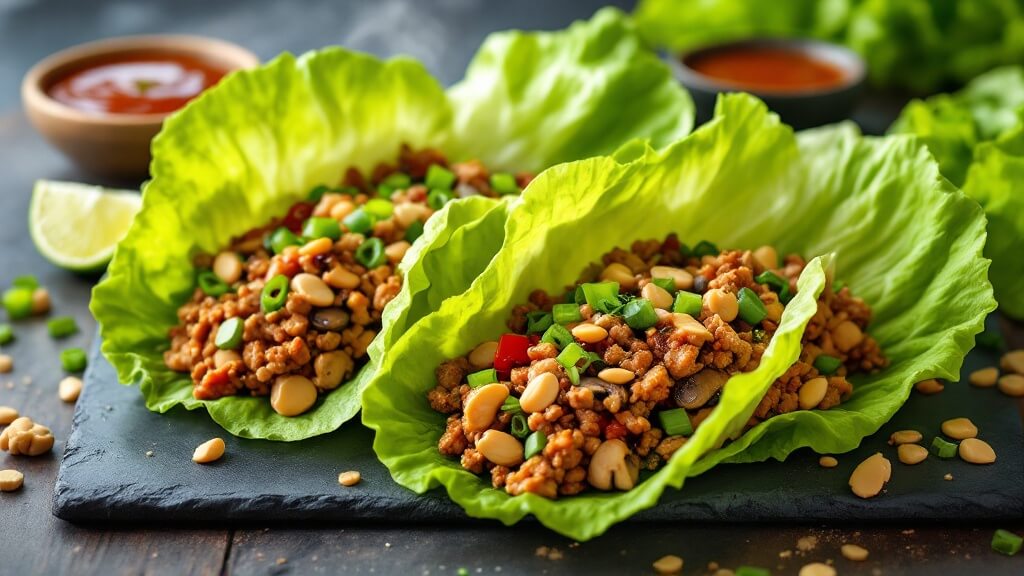 Asian Turkey Lettuce Wraps 2 "freshly prepared asian turkey lettuce wraps with a filling of water chestnuts, mushrooms and green onions, garnished with peanuts and limes on a dark wooden table, with additional lettuce leaves and sauce bowls arranged in the background under natural side lighting. "