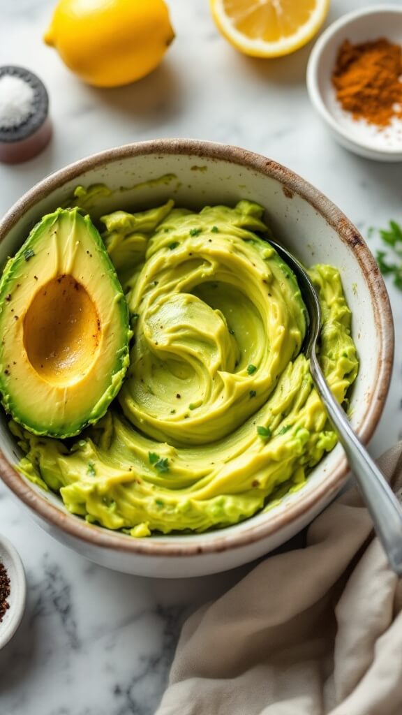 Mashing ripe avocado in a ceramic bowl on a marble counter with lemon juice, cumin, and black pepper nearby