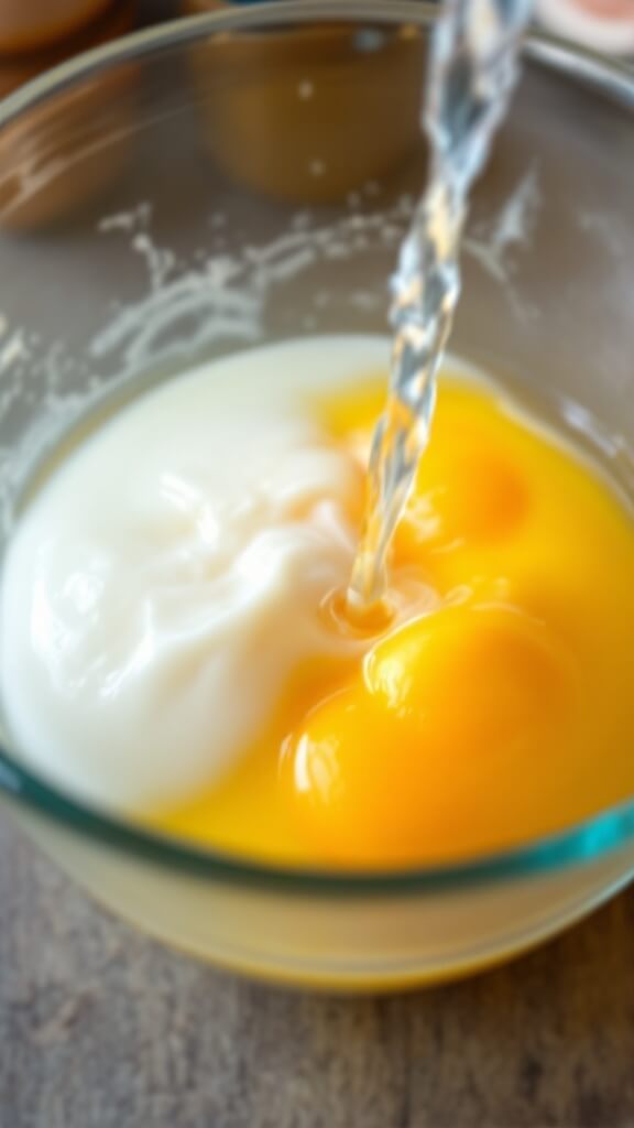Fresh eggs and water being whisked in a clear bowl showcasing the transition from separated whites and yolks to a smooth yellow mixture under natural light