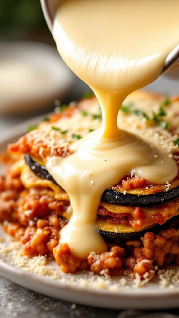 Béchamel sauce pouring over eggplant layer with meat sauce underneath and grated parmesan ready to be sprinkled
