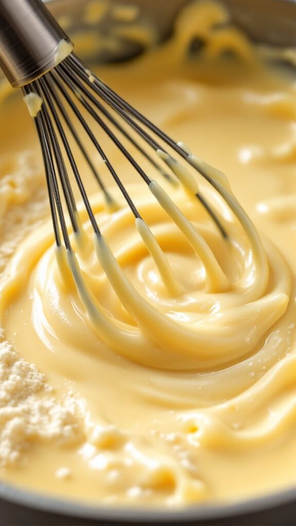 Whisk stirring creamy béchamel sauce with butter and flour on stovetop