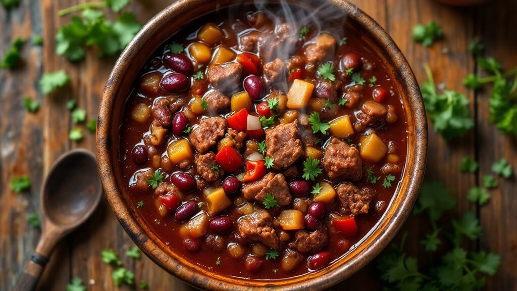 "overhead view of a steaming bowl of bison chili with red kidney beans, peppers, and onions, garnished with cilantro on a wooden surface under natural light"