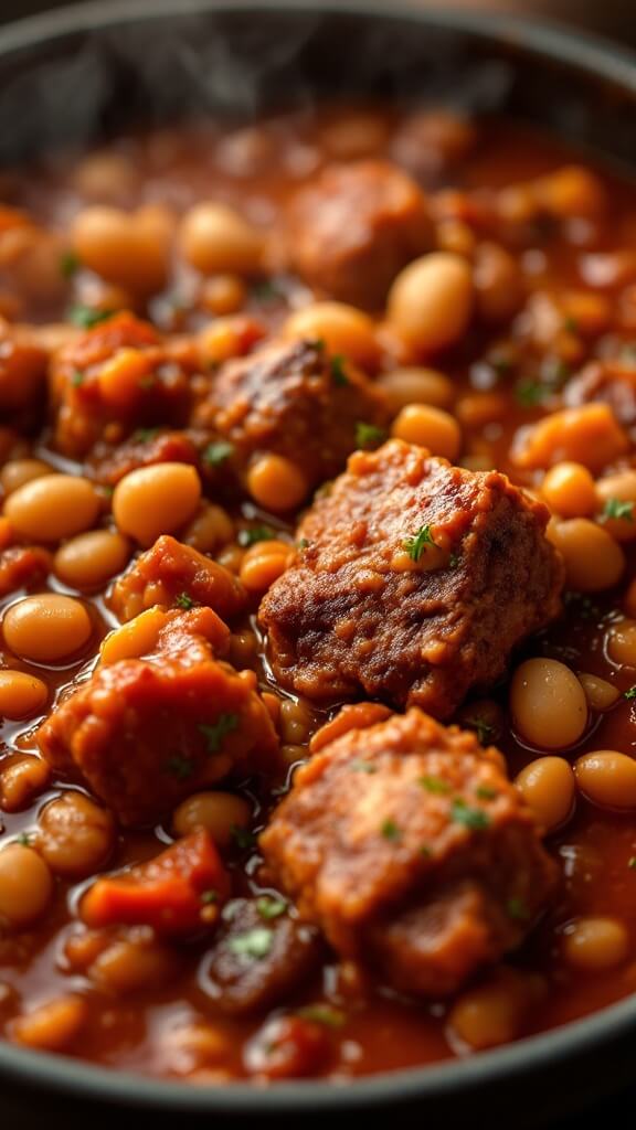 Close-up of steaming bison chili with visible chunks of meat, beans, and vegetables in a rich red sauce