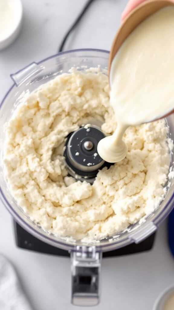 Creamy Cottage Cheese Mashed Potatoes 5 Food processor mid-blend with creamy cottage cheese inside