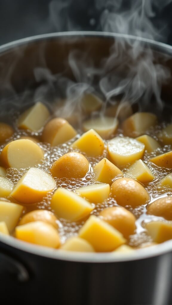 Creamy Cottage Cheese Mashed Potatoes 4 Large pot of quartered potatoes boiling with steam rising above it