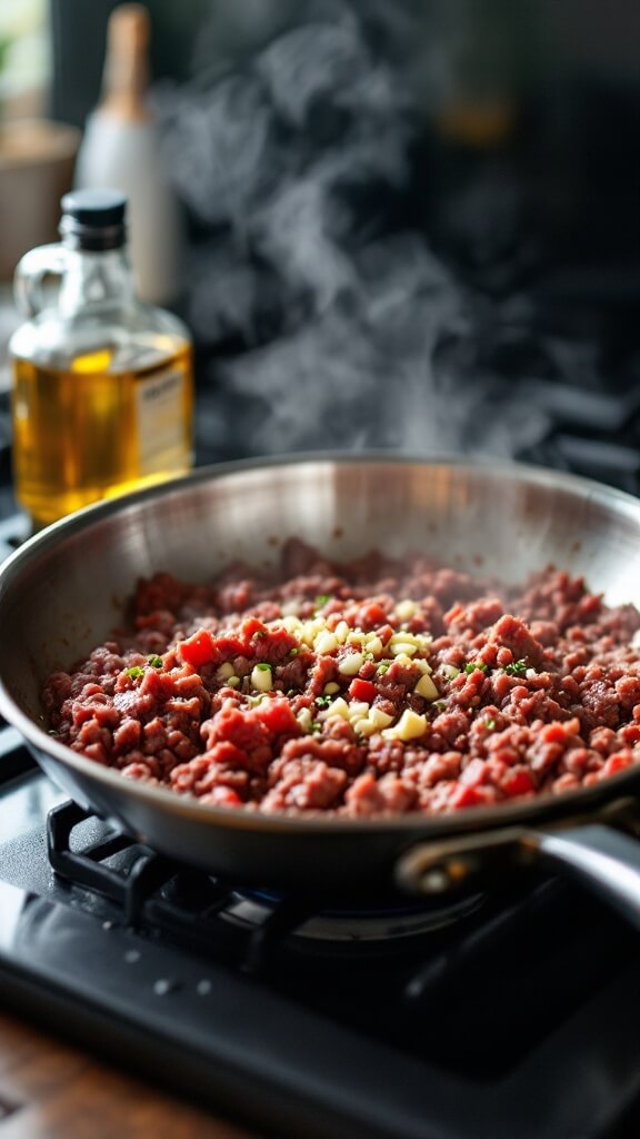 Stovetop scene featuring ground beef browning in a skillet, with minced garlic, an olive oil bottle and rising steam, taken in mid-cooking process