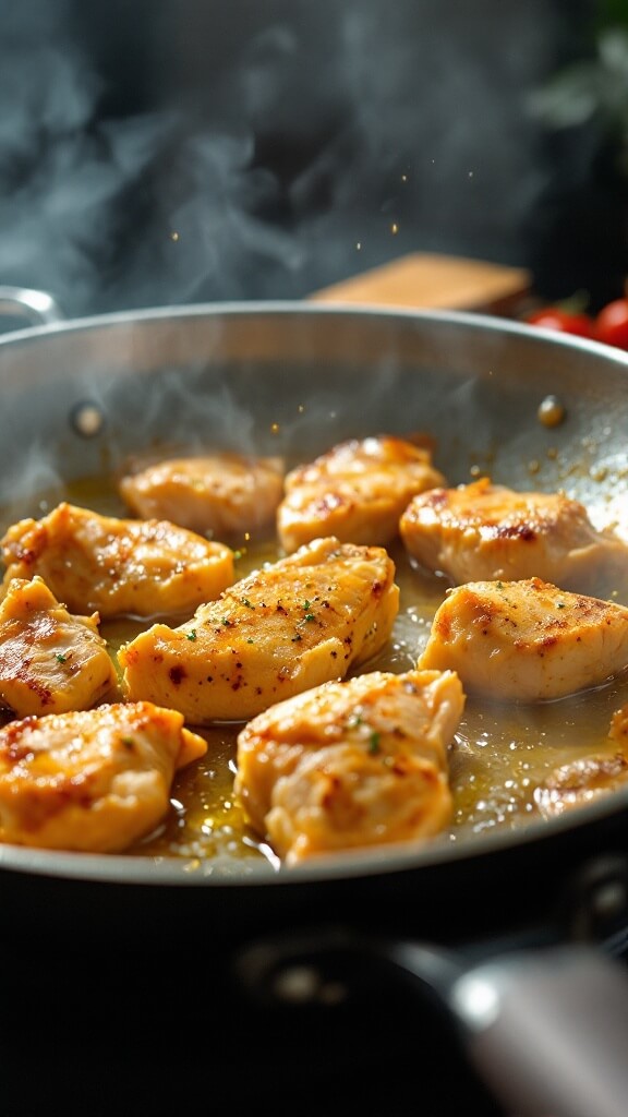 Keto Chicken Alfredo (Quick &Amp; One-Pan) 4 Chicken pieces browning in a stainless steel skillet with olive oil, some turning golden brown, with steam rising