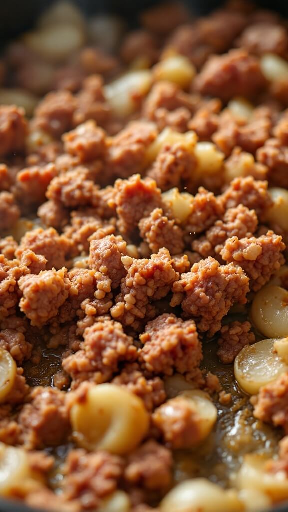 Browning ground meat breaking into crumbles in a skillet, surrounded by caramelized onions and garlic