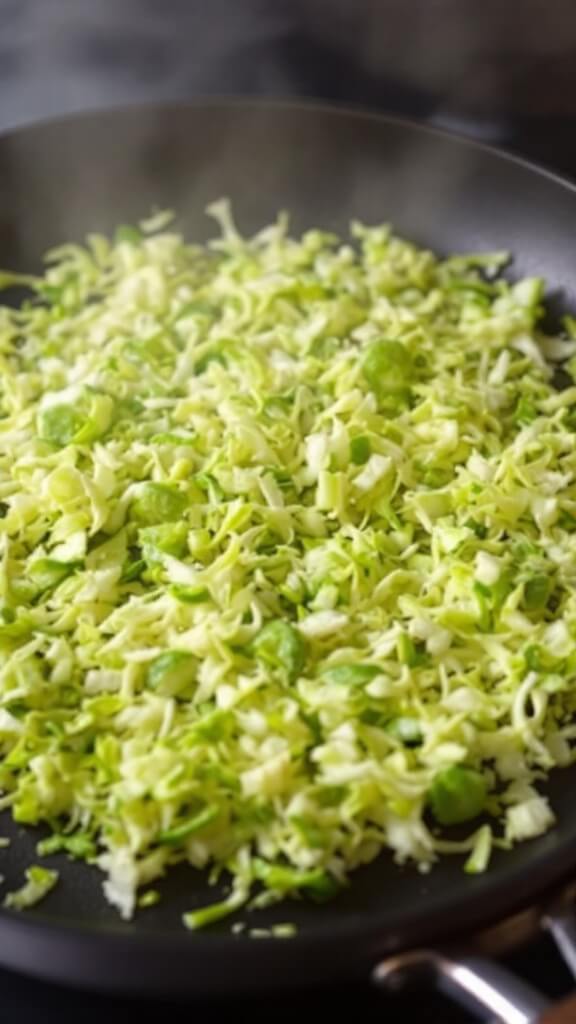 Shredded brussels sprouts spreading across a hot skillet with rising steam and edges turning golden brown