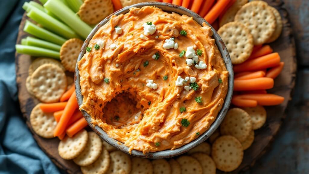 "overhead view of buffalo chicken dip in rustic bowl surrounded by celery, carrot sticks, and crackers on a wooden board. "