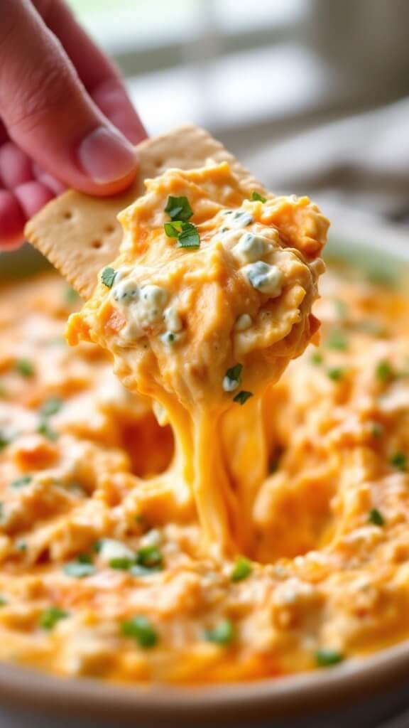 Cracker dipping into creamy buffalo chicken dip with visible chicken and blue cheese pieces under natural window light