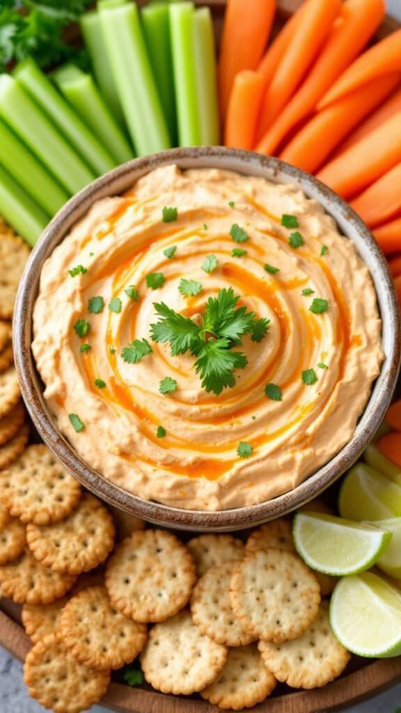 Buffalo chicken dip in rustic ceramic bowl with celery, carrot sticks, and assorted crackers on wooden board