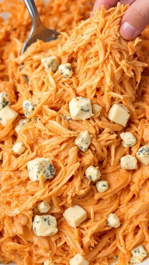 Close-up view of shredded rotisserie chicken being mixed into buffalo cream cheese with scattered blue cheese chunks