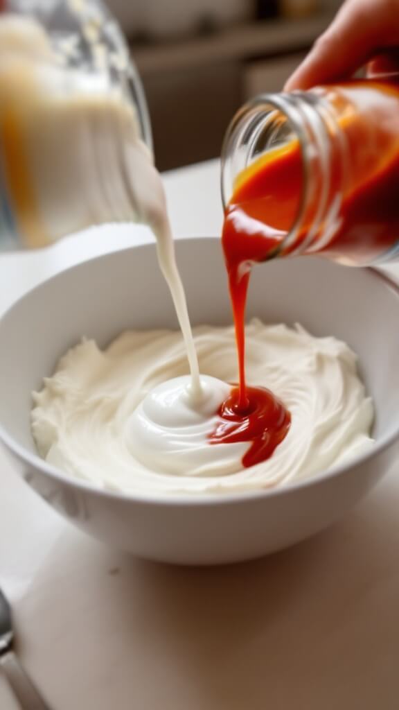 Red hot sauce and white ranch dressing being poured into a bowl of cream cheese on a light counter