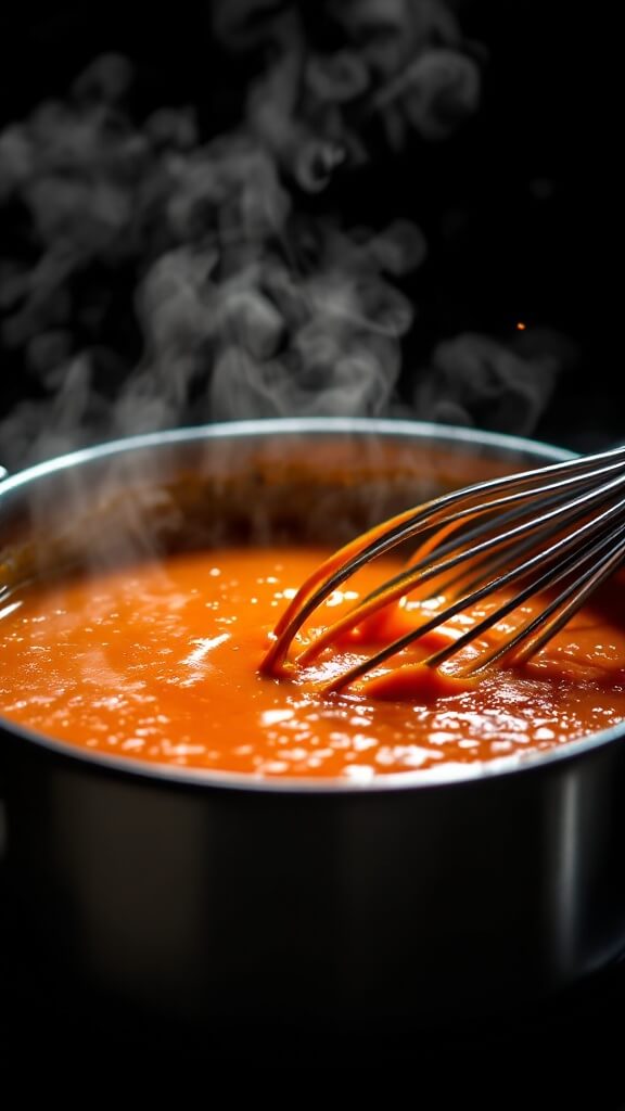 Whisking vibrant orange-red buffalo sauce with melted butter in a saucepan, steam rising from the smooth, glossy emulsion.