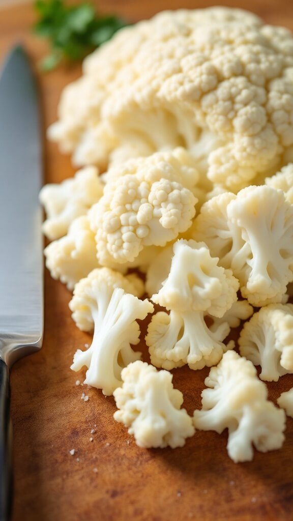 Chef cutting white cauliflower into 1. 5-inch florets on a wooden board with a professional knife