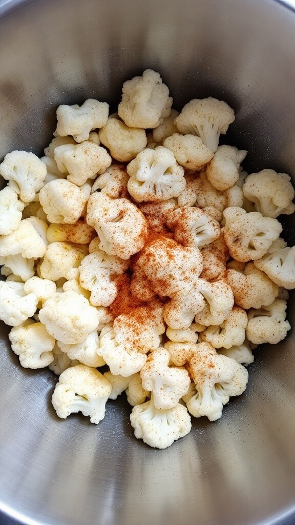 Cauliflower florets being seasoned with olive oil, garlic powder, and paprika in a stainless steel bowl