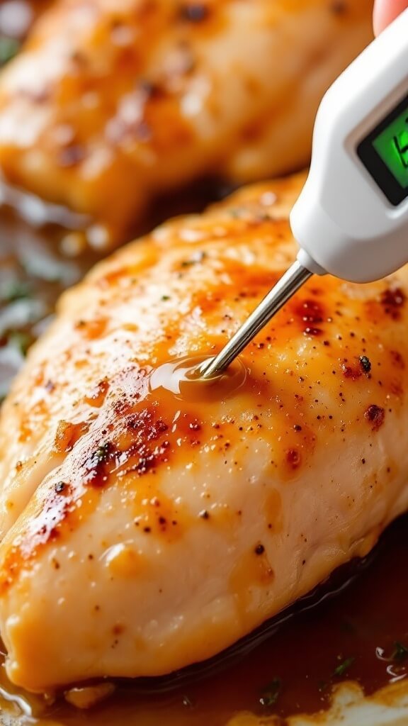 Digital instant-read thermometer showing 165°f in steamed chicken breast with clear juices