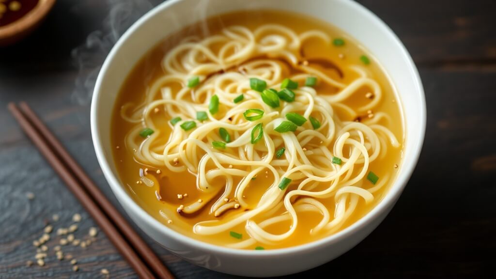 "top-down view of aromatic chinese egg drop soup in a white ceramic bowl, garnished with green onions and a swirl of sesame oil, accompanied by chopsticks on a dark wooden table"
