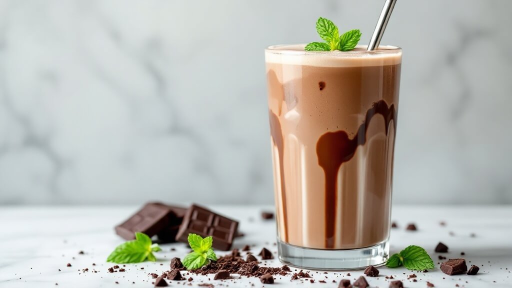 Peppermint Chocolate Protein Shake 2 "chocolate-mint protein shake in tall glass with fresh mint garnish and metal straw, on white marble surface with mint leaves and chocolate shavings"