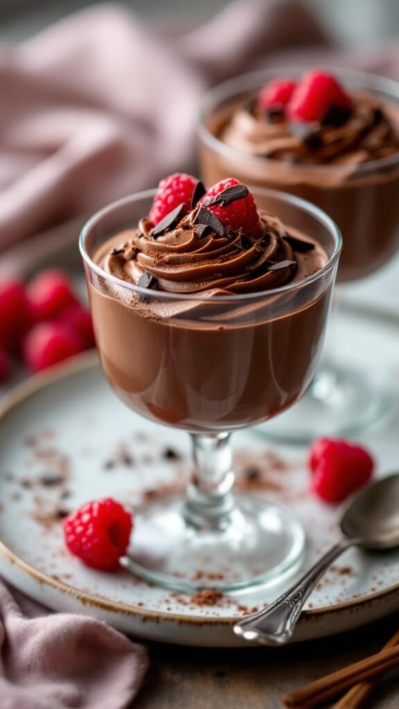 High-Protein Chocolate Mousse 5 Two glasses of chocolate mousse garnished with raspberries, dark chocolate shavings, and cocoa powder under soft natural lighting, with spoon by the side