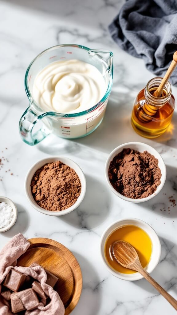 High-Protein Chocolate Mousse 3 Professional food photography setup with ingredients for chocolate mousse: greek yogurt, chocolate protein powder, cocoa powder, honey, vanilla extract, and salt on a marble surface using natural lighting.