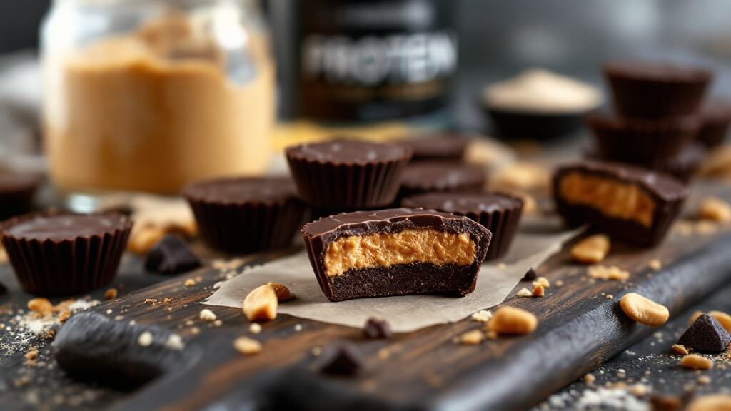 Protein Peanut Butter Cups 2 "rustic food photography of homemade chocolate protein cups with visible peanut butter filling on a dark wooden board, illuminated by natural morning light. "