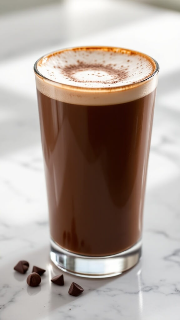 Peppermint Chocolate Protein Shake 9 Final presentation image of a creamy, frothy chocolate shake in a tall glass, displayed on a white marble surface with natural side lighting