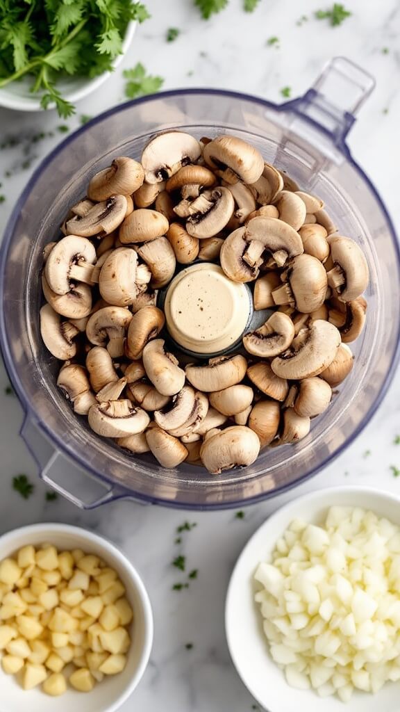 Walnut Taco &Quot;Meat&Quot; (Vegan, Gluten-Free Option) 4 Freshly chopped shiitake mushrooms in food processor bowl, diced onions and minced garlic in a white ceramic bowl placed on marble countertop surrounded by fresh herbs