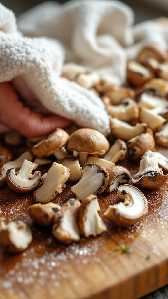 Shiitake Mushroom Soup (Creamy &Amp; Comforting) 3 Close-up of shiitake mushrooms being cleaned, stemmed and sliced on a wooden board under natural light