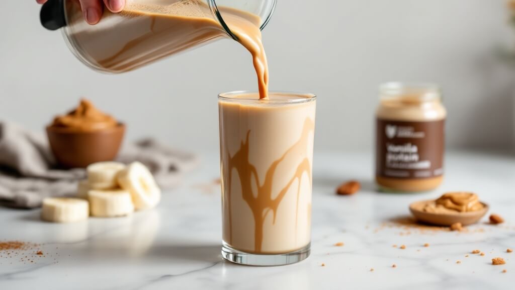 "pouring coffee-colored protein smoothie from blender into glass with styled ingredients in the background on marble countertop"