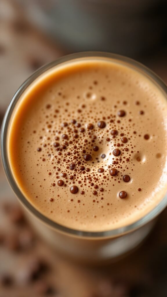 Cross-section view of a creamy coffee-colored smoothie in a clear glass with tiny air bubbles