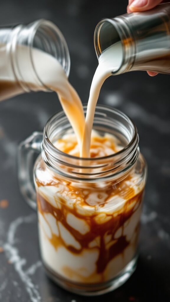 Cold brew coffee and milk pouring into a glass blender, creating a marbled effect