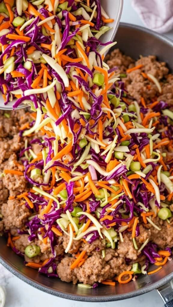 Overhead view of vibrant coleslaw mix with purple cabbage, green cabbage, and orange carrots being added to a pan of cooked meat