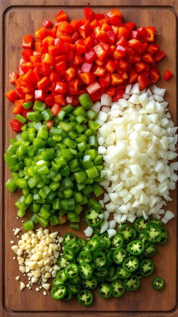 Overhead view of diced red and green bell peppers, white onions, minced garlic, and sliced green jalapenos on a wooden cutting board