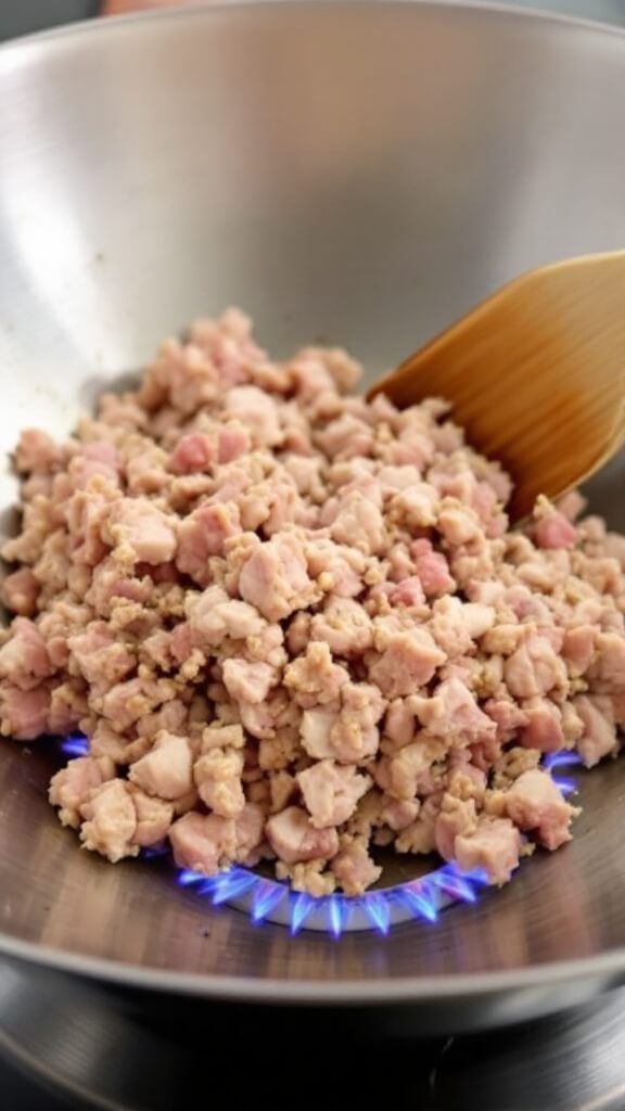 Asian Turkey Lettuce Wraps 4 Ground turkey being cooked and broken up in a stainless steel wok over a blue gas flame