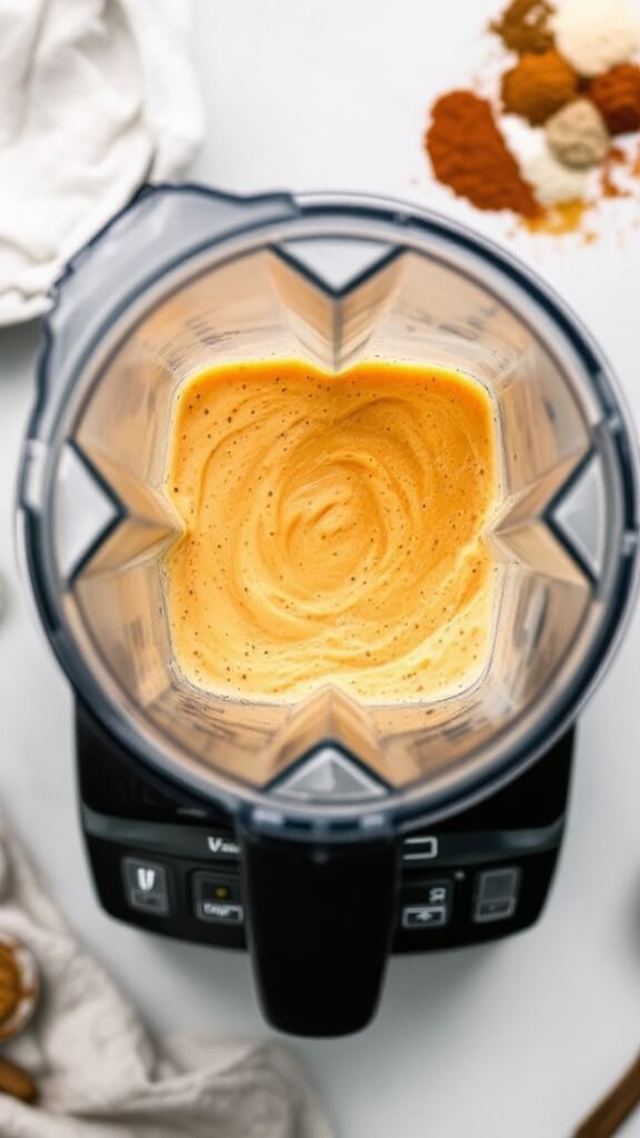 Blending cream cheese enchilada sauce with chicken broth in a blender, with spices on stand-by