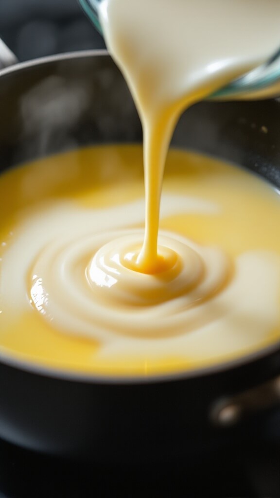 Keto Chicken Alfredo (Quick &Amp; One-Pan) 6 Pouring heavy cream into pan with whisked egg yolks, steam rising during incorporation process