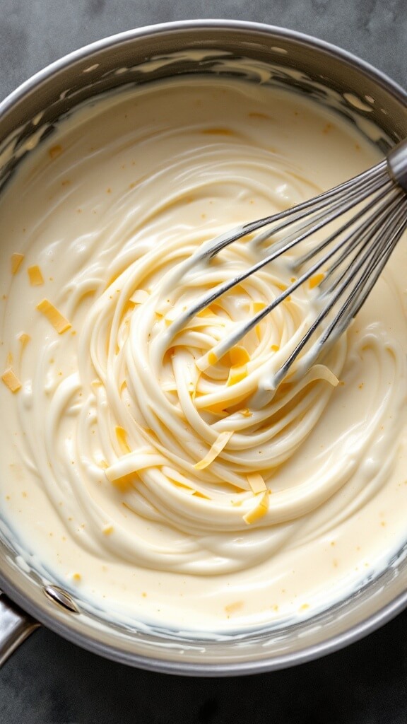 Whisking creamy white cheese sauce with melted gruyere, parmesan, cream cheese, and heavy cream in a saucepan
