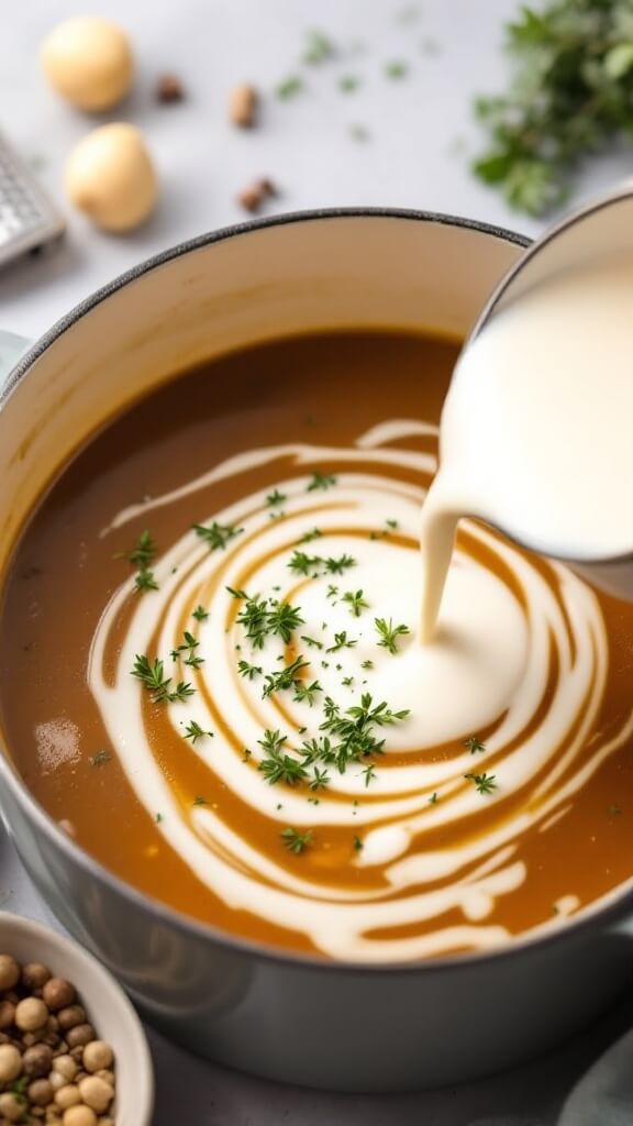 Shiitake Mushroom Soup (Creamy &Amp; Comforting) 7 Creamy half-and-half being added to simmering soup with fresh thyme, whole peppercorns, and a nutmeg grater nearby.