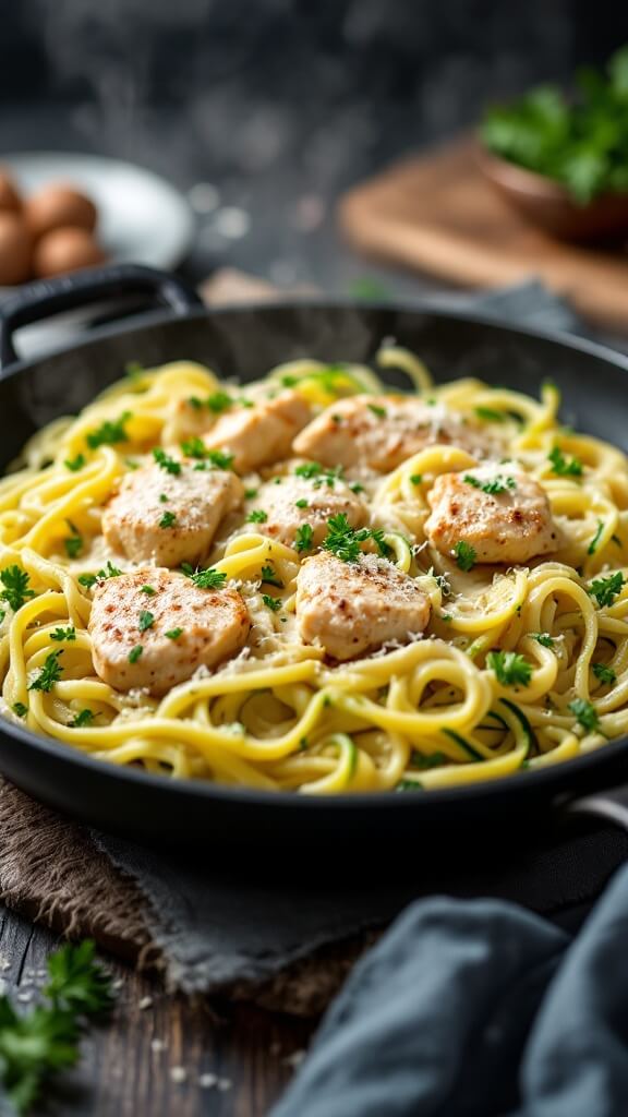Keto Chicken Alfredo (Quick &Amp; One-Pan) 9 Steaming hot creamy chicken alfredo with zucchini noodles in a skillet, garnished with fresh parsley and sprinkled parmesan