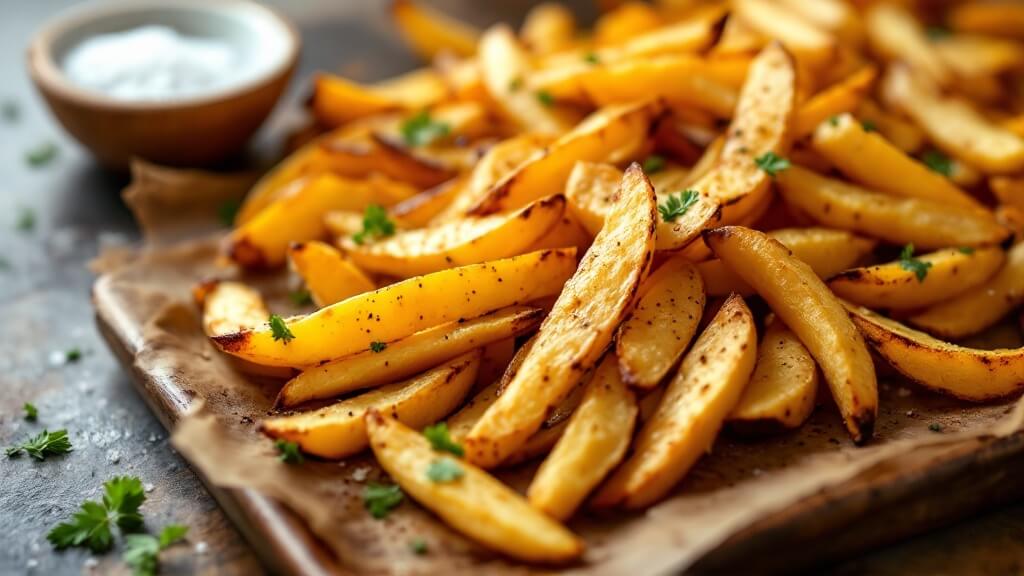 Crispy Oven-Baked Rutabaga Fries (Low-Carb &Amp; Keto-Friendly) 2 "close-up image of golden-brown, crispy rutabaga fries on a rustic baking sheet, seasoned with smoked paprika and garlic, with parsley garnish and a ramekin of sea salt, shot from a 45-degree angle. "